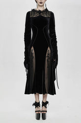 Schwarzes, beflocktes Trompetenärmel-Sexy Gothic-Kleid aus Samt für Damen